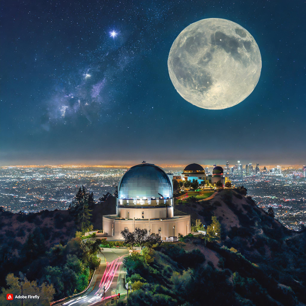  Firefly Los Angeles , Griffith Park Observatory in the view, full moon with bright stars in the sky